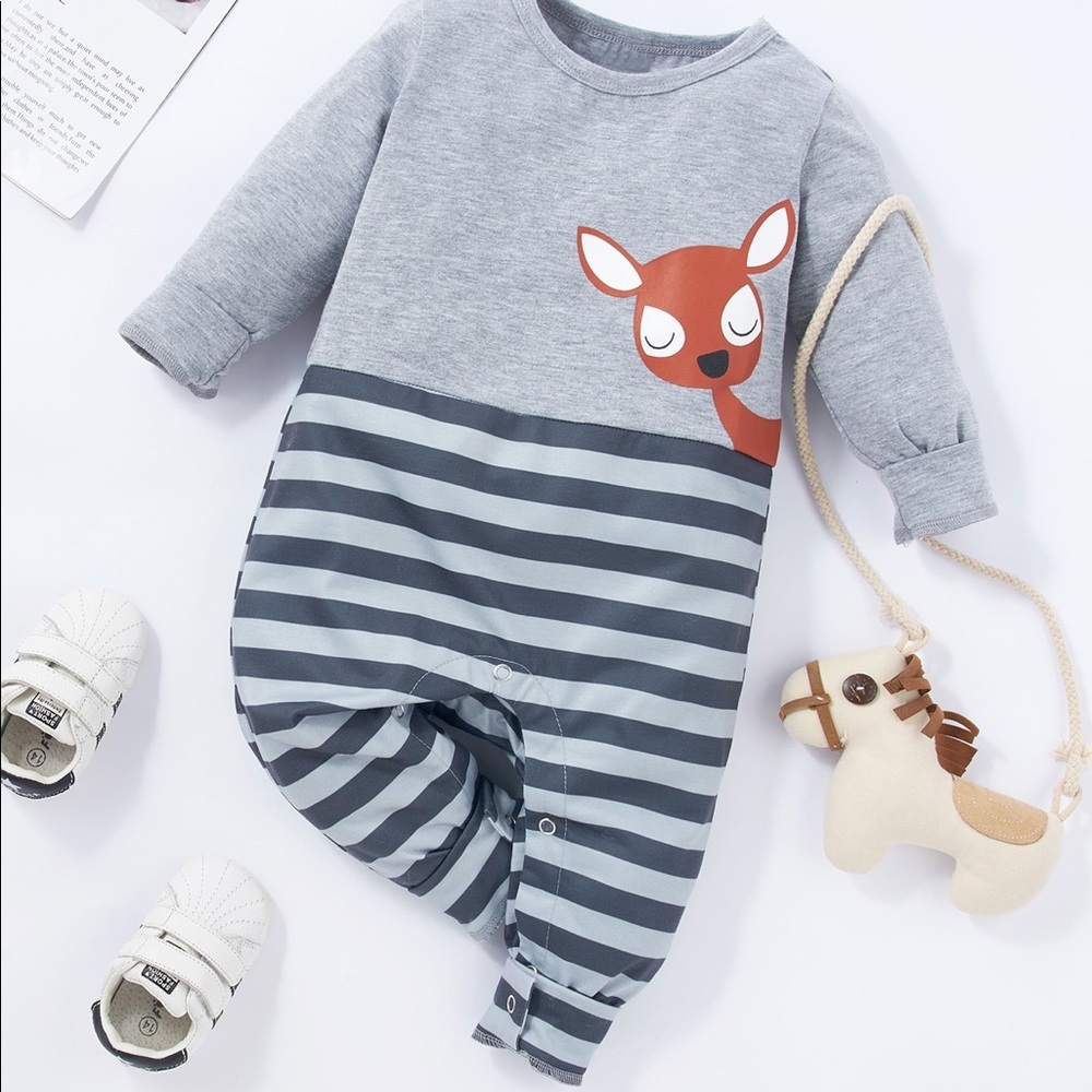 NWOT Baby Deer Graphic Striped Jumpsuit. Size: 9-12Months Color: Gray